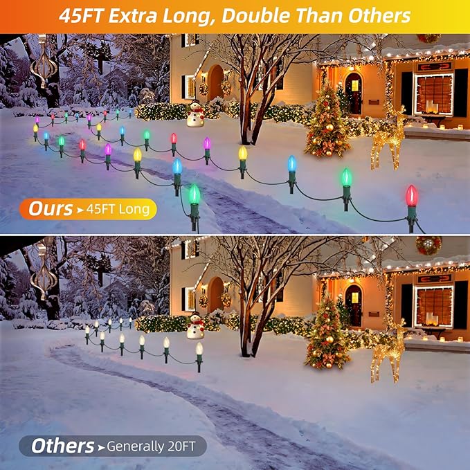45Ft C9 Led Christmas Pathway Lights Outdoor, 30 Multicolor Bulbs Waterproof Connectable Christmas Walkway Lights with Stakes for Yard Lawn Sidewalk Driveway Decorations