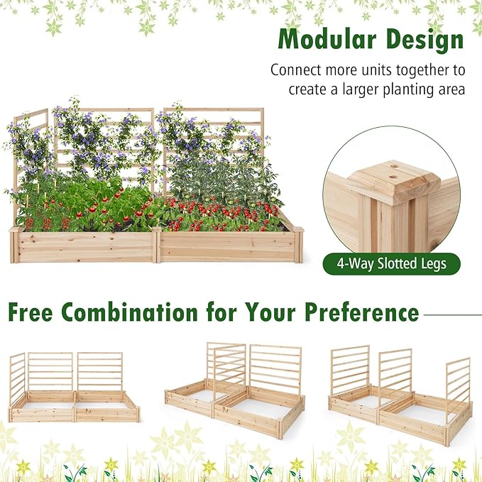 S AFSTAR Raised Garden Bed with 3 Trellis & 2 Planter Boxes, 88" L x 45" W x 43" H Outdoor Wooden Planter Box Kit for Flower Herb Vegetable Fruit Climbing Vines, Gardening Planter for Garden Patio
