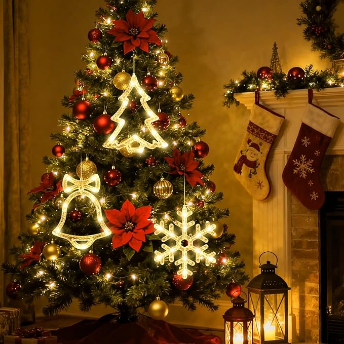 3Pack Christmas Window Lights Decorations with Timer,Battery Powered Christmas Hanging Warm White Lighted Snowflake Tree Bells Shaped LED Sucker for 2026 Xmas Tree Fireplace Indoor Decor