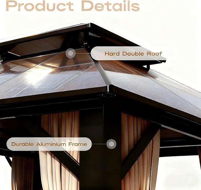 Premium 10x12 Hardtop Gazebo with Vented Polycarbonate Roof, Full Privacy Curtains & Mosquito Netting, Robust Aluminum Pergola for Patio, Garden & Deck – All-Season Weather Outdoor Shelter