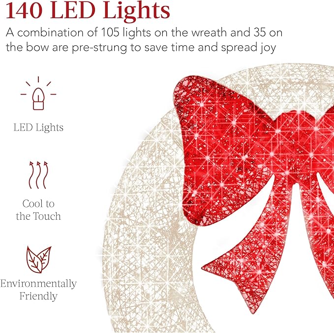 Best Choice Products 48in Pre-Lit Outdoor Christmas Wreath Decoration, LED Metal Holiday Decor for Home w/ 140 Lights, Bow - White/Red