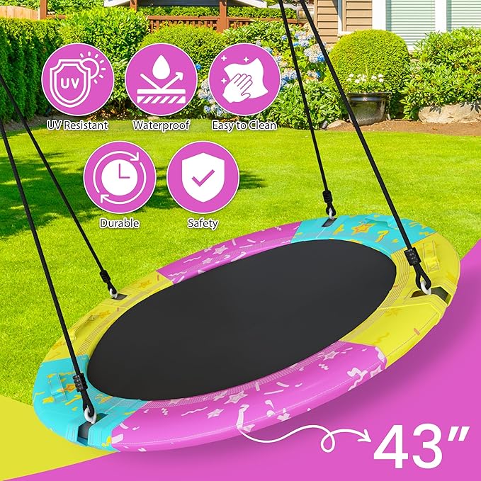 Tree Swing, 43'' / 48'' Saucer Swing for Kids and Adults, ASTM Approved Swing Sets with 900lbs Weight Capacity, Backyard Or Playground, Waterproof and UV-Resistant Mat, Adjustable Hanging Straps
