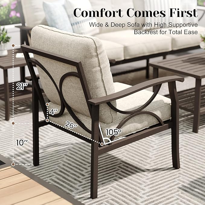 7-Pieces Outdoor Patio Furniture Set, Outdoor Metal Sectional Furniture with Cushions, Outdoor Conversation Seating Set with Coffee Table for Garden, Balcony, Deck, Backyard, Khaki