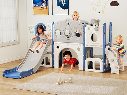 8 in 1 Toddler Slide, Outdoor Indoor Playset for Kids Baby Age 1 2 3, Childs Climber Slide with Storage Space and Non-Slip Steps, Basketball Hoopa and Telescope, Blue & White