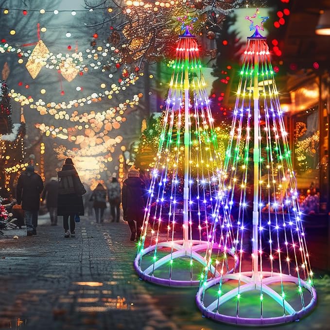2 Pack 12FT Christmas LED Cone Tree Lights 24 Modes Color Changing with Timer Foldable Lighted Trees Waterproof Outdoor String Lights Holiday Decor for Christmas New Year Xmas Decorations