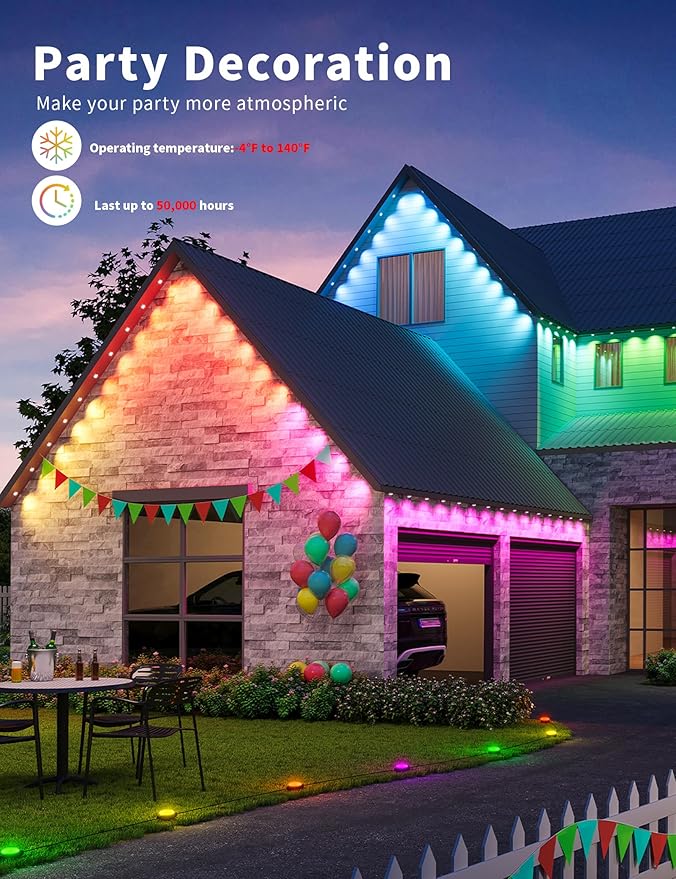 Permanent Christmas Eave Lights, 100ft with 72 RGB LED Lights, IP65 Waterproof, 49 Scene Modes, DIY Mode, Alexa/Google Compatible