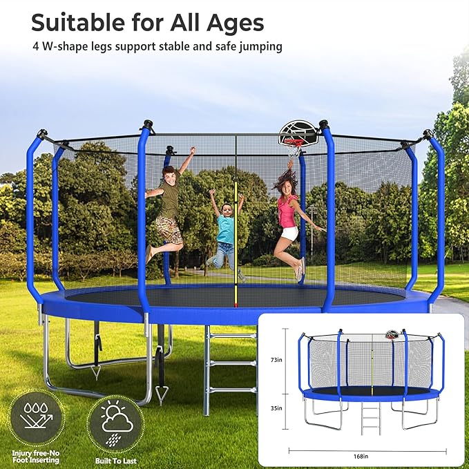 Lyromix Upgraded Trampoline 8FT/10FT/12FT/14FT With Basketball Hoop, Light, Sprinkler, Stakes - Outdoor Backyard for 4-6 Kids and Adults