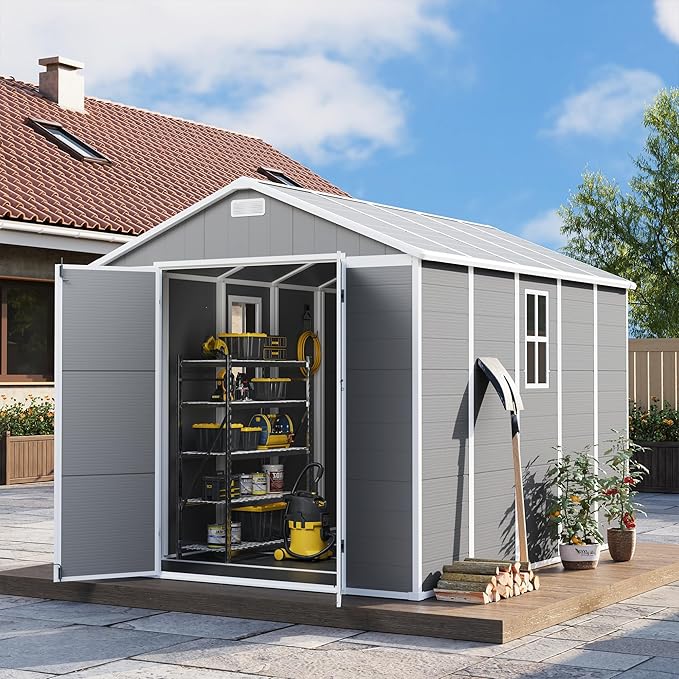 UDPATIO Storage Shed 8 x 10 FT, Resin Sheds & Outdoor Storage with Floor Large Clearance Outdoors Plastic Garden Tool Shed Tuff Outside Cottage Shed with Lockable Door for Bike, Garbage Gray White