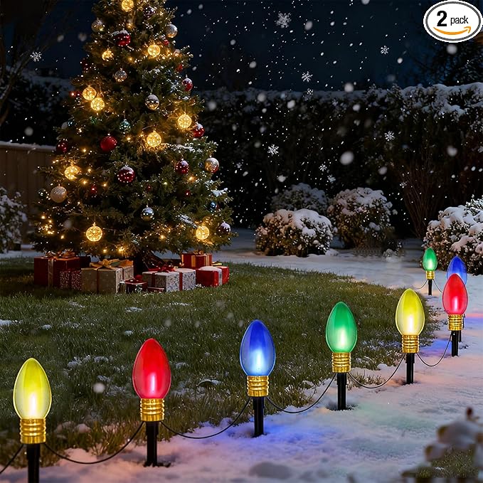 Christmas Lights Jumbo C9 Outdoor Lawn Decorations with Pathway Marker Stakes, 2 Pack 7 Feet String Lights with Transparent Multicolored Light Bulb for Holiday Outside Yard Garden Decor, 8 Lights