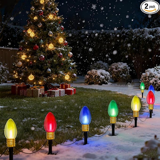 Christmas Lights Jumbo C9 Outdoor Lawn Decorations with Pathway Marker Stakes, 2 Pack 7 Feet String Lights with Transparent Multicolored Light Bulb for Holiday Outside Yard Garden Decor, 8 Lights