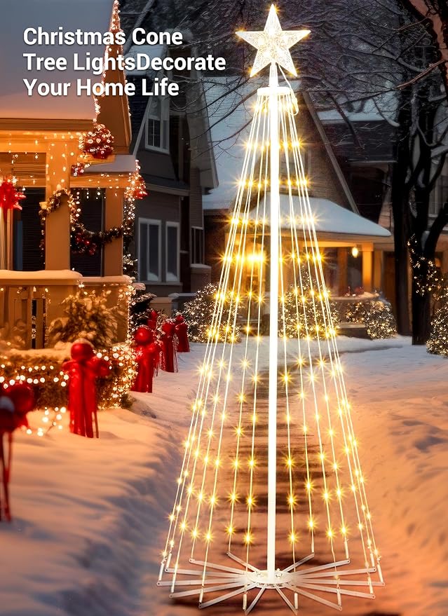 Outdoor Christmas Cone Tree Light, 12 Feet 1070 LEDs Outdoor Lightshow with Star Topper, Artificial Christmas Tree for Yard Square Plaza Christmas Decorations, Warm White