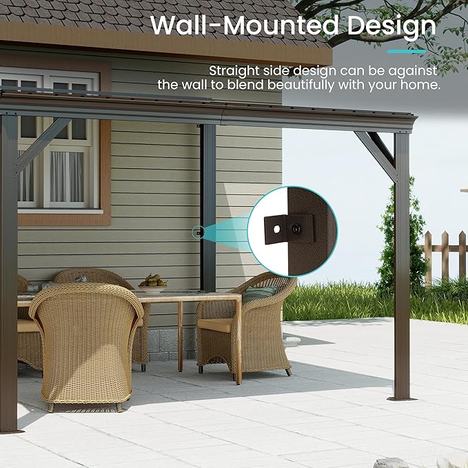 Domi 10' x 10' Lean to Gazebo, Wall Mounted Gazebos Pergola with Built in Drainage System, Galvanized Steel Roof, Hardtop Patio Shelter for Deck, Porch, Backyard and More,Brown