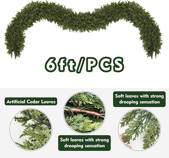 6/9ft Christmas Cedar Garland Artificial Realistic Soft and Thickness Green Faux Fake Full Cedar Pine Garland for Table, Mantle, Wall, Indoor, Outdoor Christmas Decorations (6FT)
