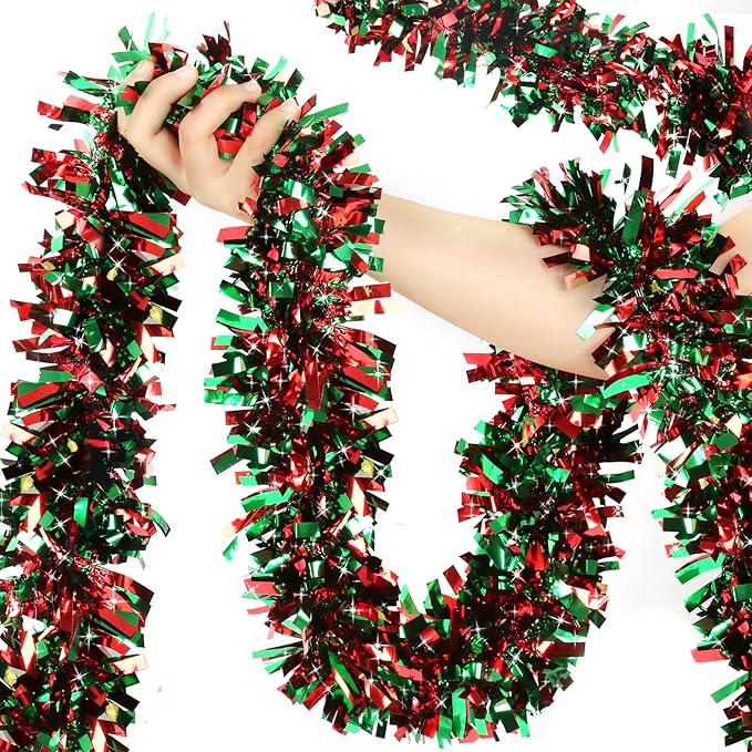 50FT Christmas Tinsel Garland - Metallic Tinsel Twist Garland for Christmas Tree Decorations, Xmas Tree Decor for Holiday Home Indoor Outdoor Party Supplies (Green and Red)
