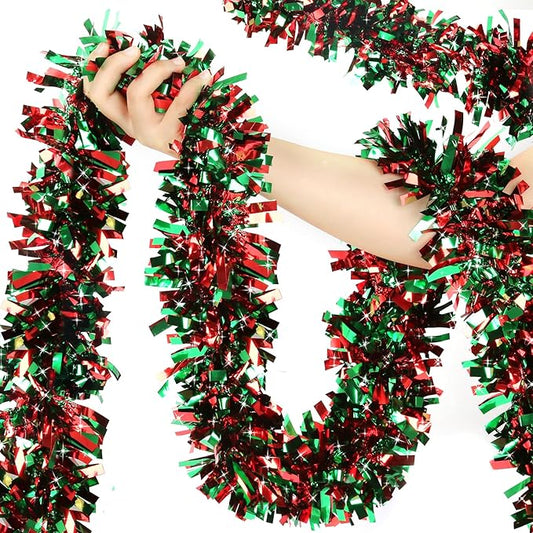 50FT Christmas Tinsel Garland - Metallic Tinsel Twist Garland for Christmas Tree Decorations, Xmas Tree Decor for Holiday Home Indoor Outdoor Party Supplies (Green and Red)