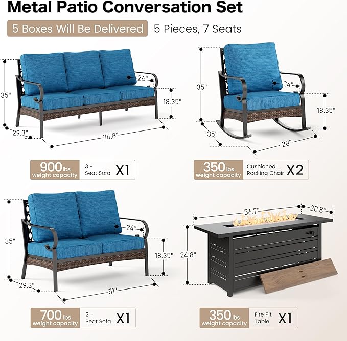 5 Piece Metal Outdoor Patio Furniture Sets with Firepit Table, Patio Conversation Sets 1 3-Seater Sofa, 2-Seater Loveseat, 2 Rocking Chair with 5.75" Cushion for Backyard Deck, Blue-2