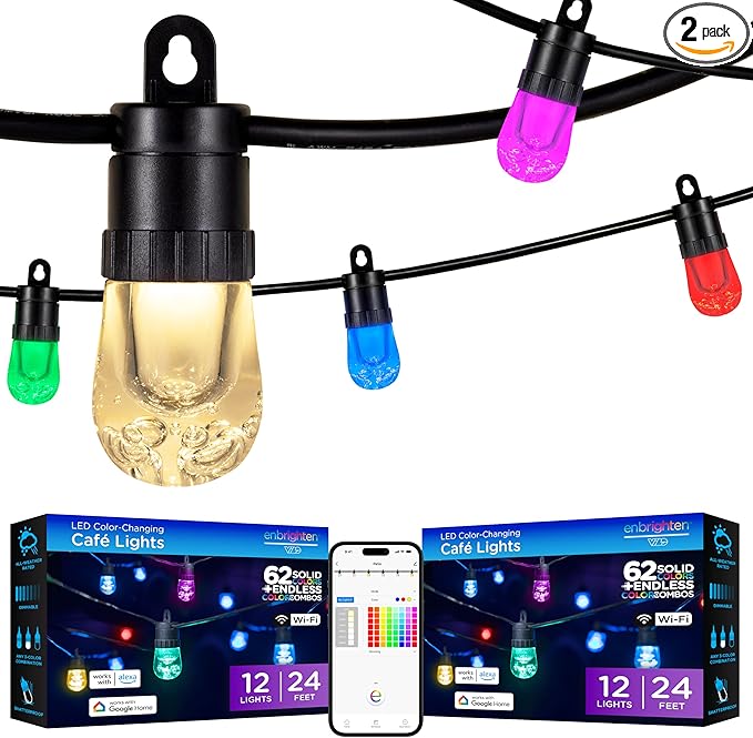 Enbrighten Vibe Smart Color Changing String Lights, 24ft Black Cord, 12 Shatterproof Acrylic Bulbs, Weatherproof, Dimmable, Outdoor String Lights, Works with Alexa, Google Home, 2 Pack, 82764