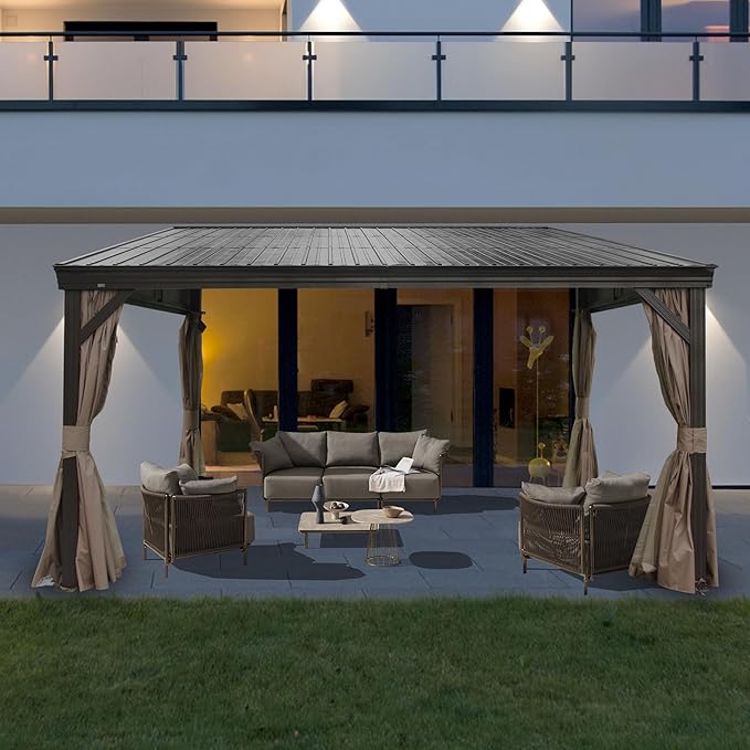 12’ x 14’ Lean to Gazebo, Outdoor Wall Mounted Gazebo Aluminum Frame, Hardtop Pergola with Galvanized Steel Sloping Roof for Patio Deck Garden Backyard, Curtain and Netting Included