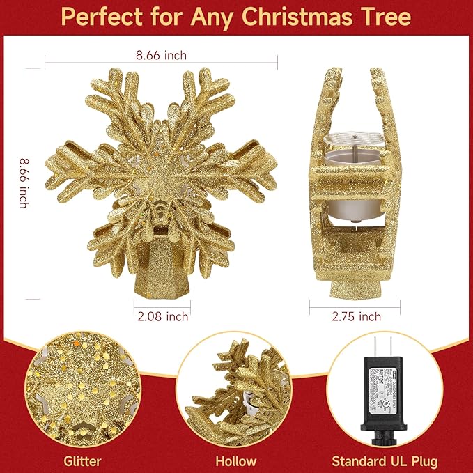 Christmas Tree Topper Lighted with Built-in LED Rotating Snowflake Projector, 3D Hollow Glitter Gold Snowflake Tree Topper for Xmas Party Holiday Christmas Decorations