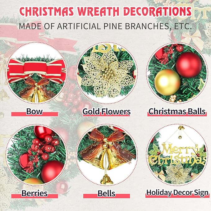 Christmas Wreaths for Front Door, Artificial Christmas Wreath with Bow, Bells, Berries, Gold Flowers and Holiday Decor Sign, Winter Wreaths for Fireplace, Windows, Wall Decor(20 Inches)