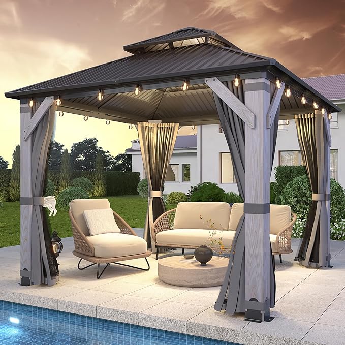 GARTOO 8.5' x 8.5' Outdoor Wood Gazebo - Permanent Wooden Hardtop Gazebo Pavilion with Double Curtains, Galvanized Steel Roof Cedar Wood Gazebos for Poolside, Backyard Deck, Garden, Lawn