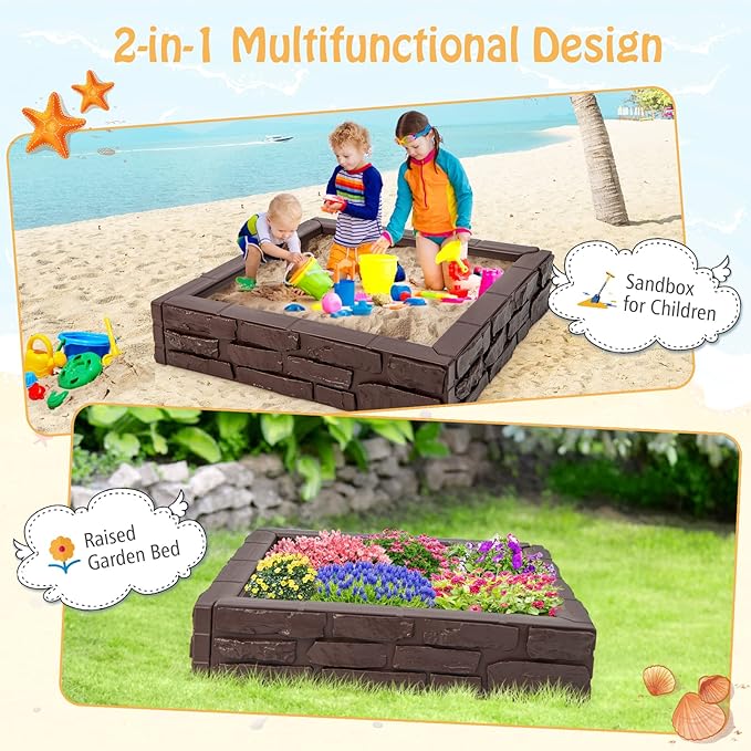 HONEY JOY Sandbox with Cover, 47 x 47 Inch Square Sand Pit for Backyard, Bottom Drainage Oxford Liner, HDPE Playful All Weather Resistant Sand Boxes for Kids Outdoor with Lid (Brown)