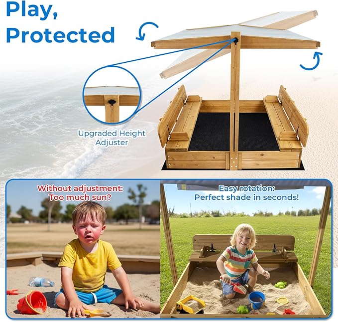 Large Wooden Kids Sandbox with Lid, Outdoor Weatherproof Sand Box with Covers, 2 Foldable Benches, Adjustable Height Canopy, Gift for Kids Aged 2-8 (47x47in)