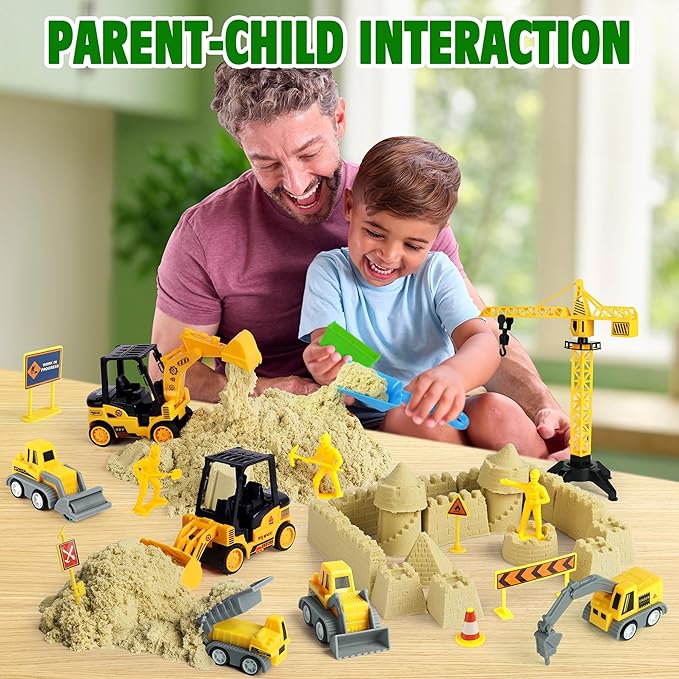 Sand Construction Kit with Big Foldable Sandbox and 2.2lbs Moldable Sensory Play Sand, Truck Toys Including Castle Molds and Other Accessories - 36Pc Set for Kids 3+