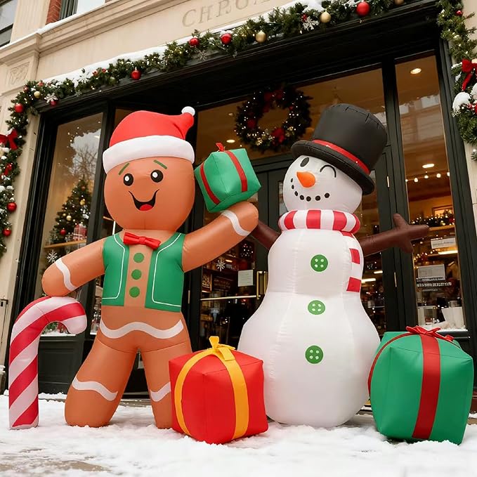 6FT Christmas Inflatable Decoration, Built-in LED Lighting Gingerbread Man Snowman Gift Box, Suitable for Inflatable Decoration in Outdoor Courtyards, Indoor Gardens and Lawns
