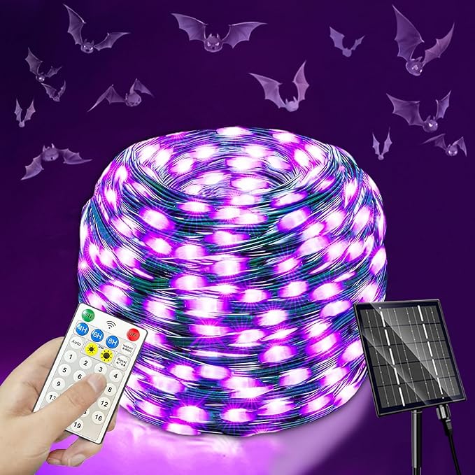 Upgrade 4 Pack Solar Christmas Lights Outdoor Waterproof 500 LED Solar String Lights with 19 Modes, Christmas Decoration Outdoor Waterproof Solar for Outside Tree Yard Party Purple