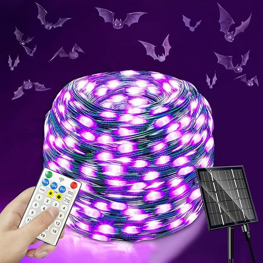 Upgrade 4 Pack Solar Christmas Lights Outdoor Waterproof 500 LED Solar String Lights with 19 Modes, Christmas Decoration Outdoor Waterproof Solar for Outside Tree Yard Party Purple