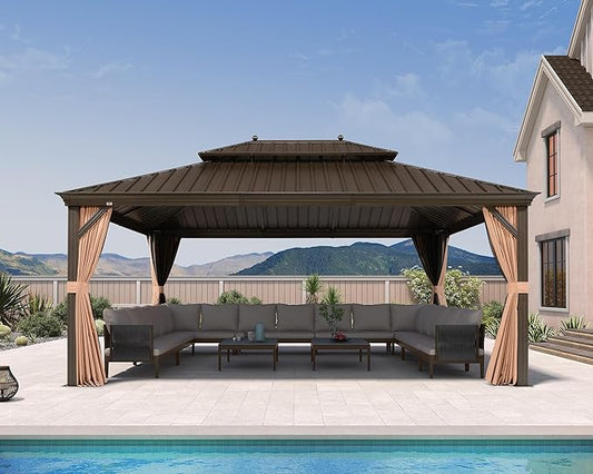 PURPLE LEAF 13' X 17' Outdoor Hardtop Gazebo Patio Wide Aluminum Frame Galvanized Steel Double Roof with Heavy Duty Netting and Curtains for Permanent Hard Top Pavilion Screen Khaki