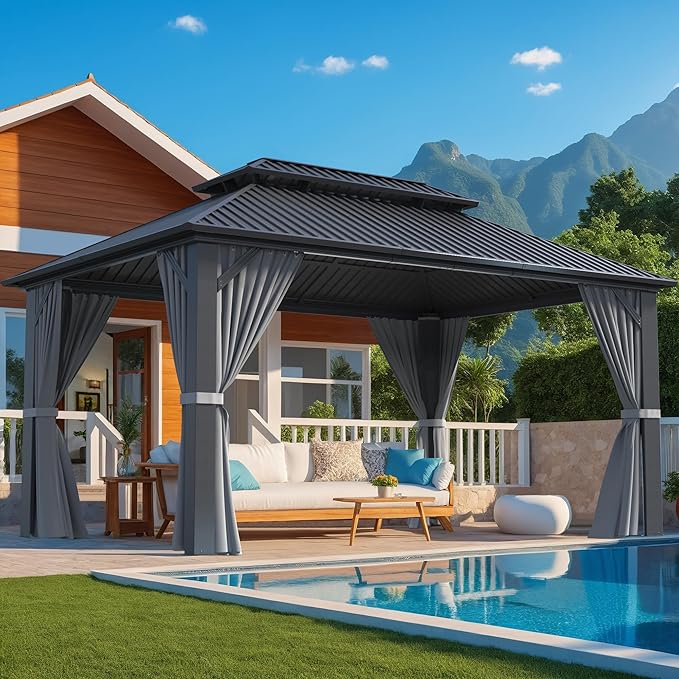 10x14 FT Gazebo Hardtop Gazebo, Aluminum Pergola with Double Galvanized Steel Roof, Curtains and Netting Included, Outdoor Gazebos Canopy for Patio, Backyard, Deck, Lawn,Grey