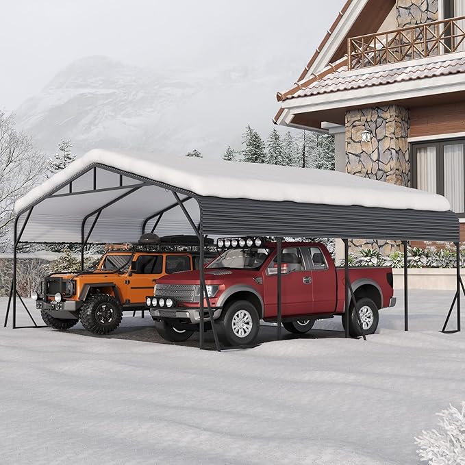 Metal Carport, 20x20 FT Outdoor Carport Canopy with Reinforced Base and Galvanized Steel Roof, Heavy Duty Garage Car Shelter Shade for SUV, Truck, Boats