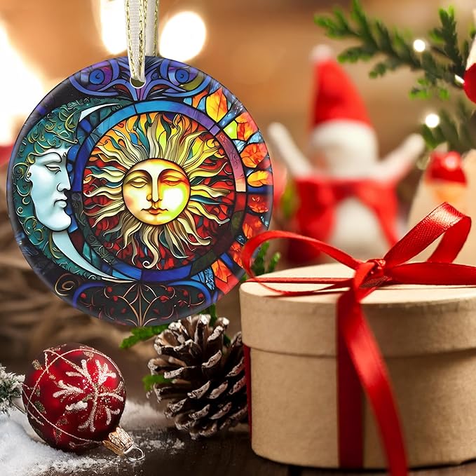 Christmas Ornaments, 3.5 Inch Ceramic Sun and Moon Hanging Ornament, Christmas Tree Ornaments, Gifts for Friend, Xmas Gifts, Unique Gift Idea, Perfect for Holiday Party, Tree, Window, Wall Decor