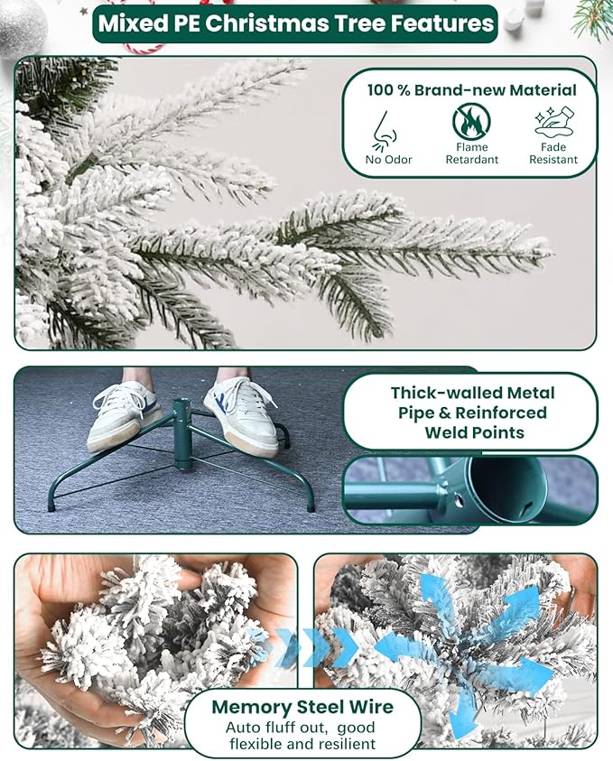8FT Prelight Premium Artificial Christmas Tree，Snow Flocked Frosted PE Tips Xmas Tree，Foldable Metal Base ，Holiday Decoration Muticolor LED Flocado árbol de Navidad, White
