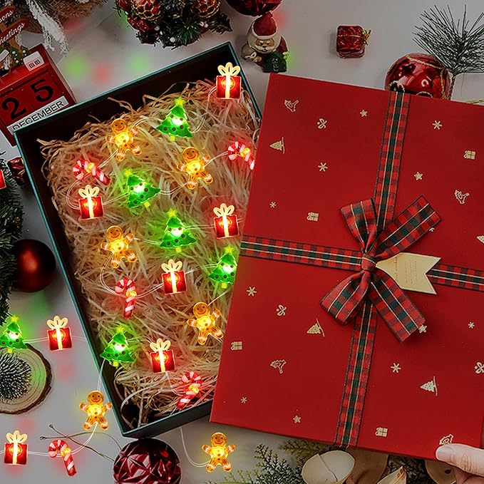 Christmas Lights Battery Operated 12FT 32 LED Xmas Tree Gingerbread Man Candy Cane Gift Box Xmas String Lights, Christmas Fairy Lights for Tree Light Decorations Table Home Indoor Holiday Decor