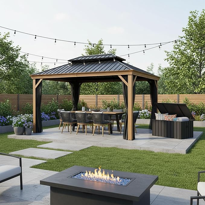 PURPLE LEAF 10' X 14' Outdoor Hardtop Gazebo with Storage Box for Patio Galvanized Steel Double Roof Permanent Canopy Teak Finish Coated Aluminum Frame Pavilion Gazebo with Netting