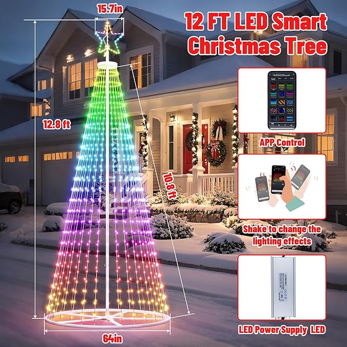 12FT Outdoor Christmas Tree - Smart Christmas Tree Outdoor Lighted Decoration, x-mas Star Tree Bluetooth App Control Color Changing x-mas Tree Light for Yard & Garden