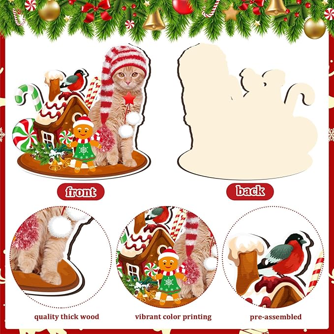 Qunclay 36 Pcs Cat Christmas Tree Ornaments Wooden Cat Christmas Tree Decorations Rustic Xmas Kitty Hanging Ornament Decorative Kitty Wood Pendants for Home Fireplace Holiday Xmas Party Decor
