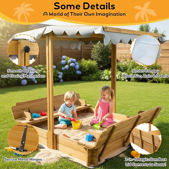 Kids Sandbox with Canopy & 2 Benches - 47 Large Wooden Outdoor Sand Box, Adjustable Weatherproof Cover, Easy-Fold Lid, Gift for Toddlers Ages 2-8, Backyard, Patio