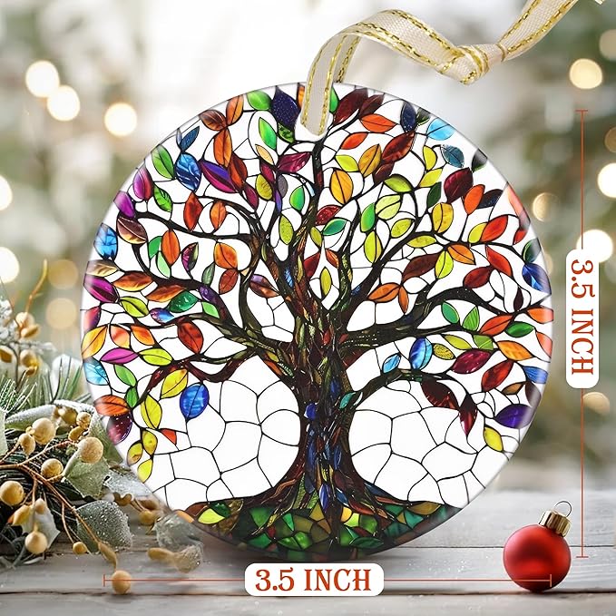 Christmas Ornaments, 3.5 Inch Ceramic Tree of Life Hanging Ornament, Christmas Tree Ornaments, Gifts for Mom, Xmas Gifts, Unique Gift Idea, Perfect for Holiday Party, Tree, Window, Wall Decor