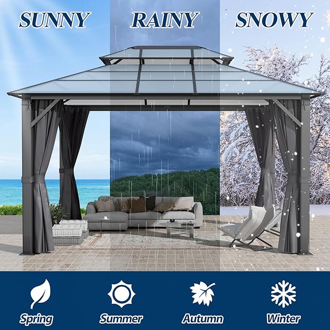 COVERONICS 12FT x 16FT Patio Polycarbonate Hardtop Gazebo with Steel Frame - Outdoor Translucent Double Roof Gazebo with Netting & Curtains for Lawn, Garden, Backyard, Poolside