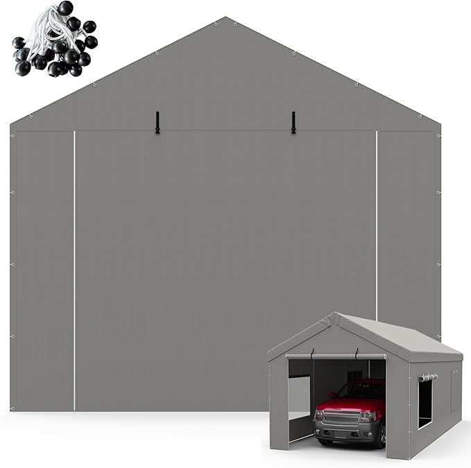 Carport Canopy Replacement Zipper Door Fits 12x20 FT Carport, Waterproof & UV Protected, Easy Assembly with Ball Bungees, Grey (Door Panel Only, 1 Pack)