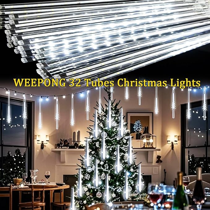 Christmas Lights Outdoor 32 Tubes 768 LEDs Meteor Shower Lights UL Certified Snow Falling Rain Drop Icicle String Light for Xmas Tree Christmas Decorations Outdoor Wedding Party Window,White