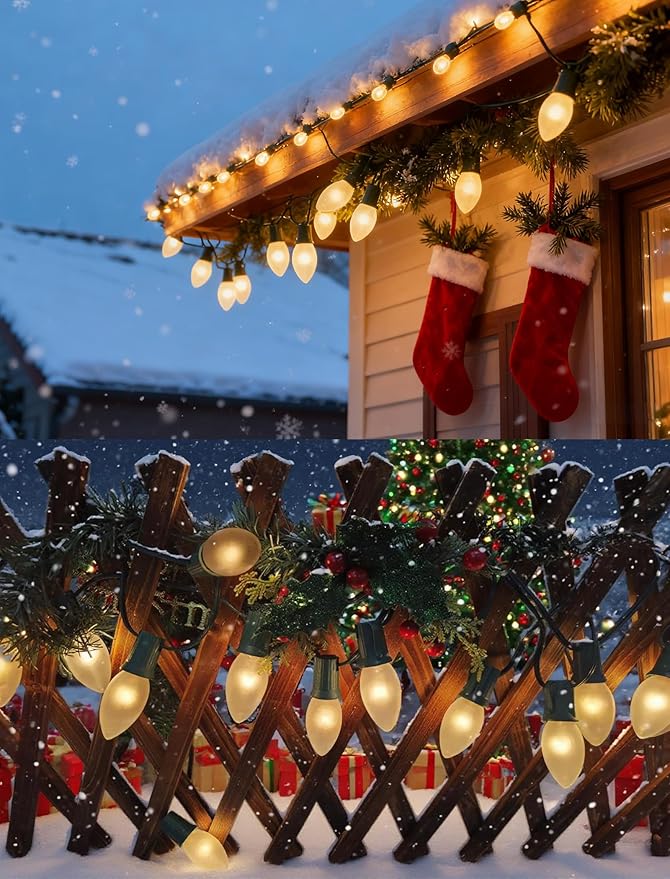 25Ft Frosted White Christmas Lights C9 Vintage Christmas String Lights with 26 Frosted White Bulbs(1 Spare) Hanging Outdoor String Lights for Patio Holidays Christmas Prom Party Wedding- Green Wire