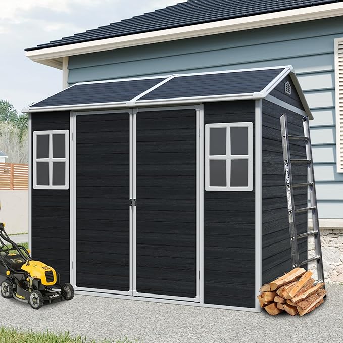 8x6 FT Resin Storage Sheds Outdoor with Floor, 2 Windows & Lockable Door Storage Shed - Waterproof Garden Tool Shed, Patio & Backyard Tool Storage Cabinet Use - Black