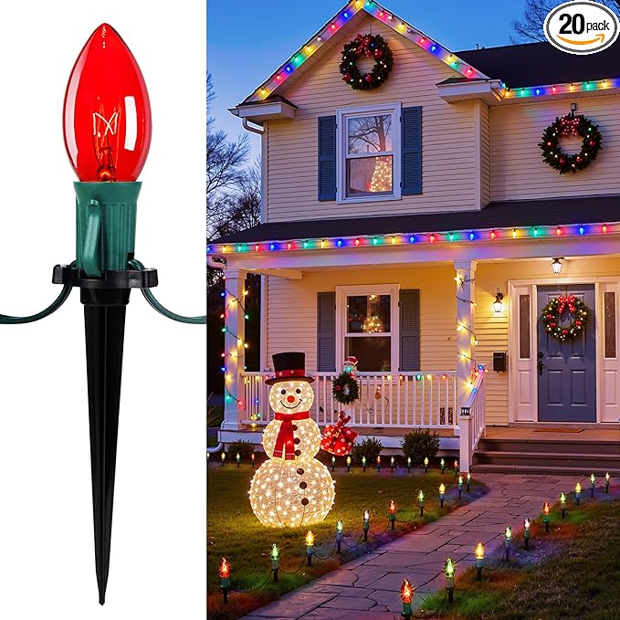 Christmas Pathway Lights Outdoor, 25.7 Feet C9 Lights with 20 Multicolor Bulbs and Stakes, Connectable Outdoor Christmas Decorations Outside Yard Walkway Sidewalk Holiday