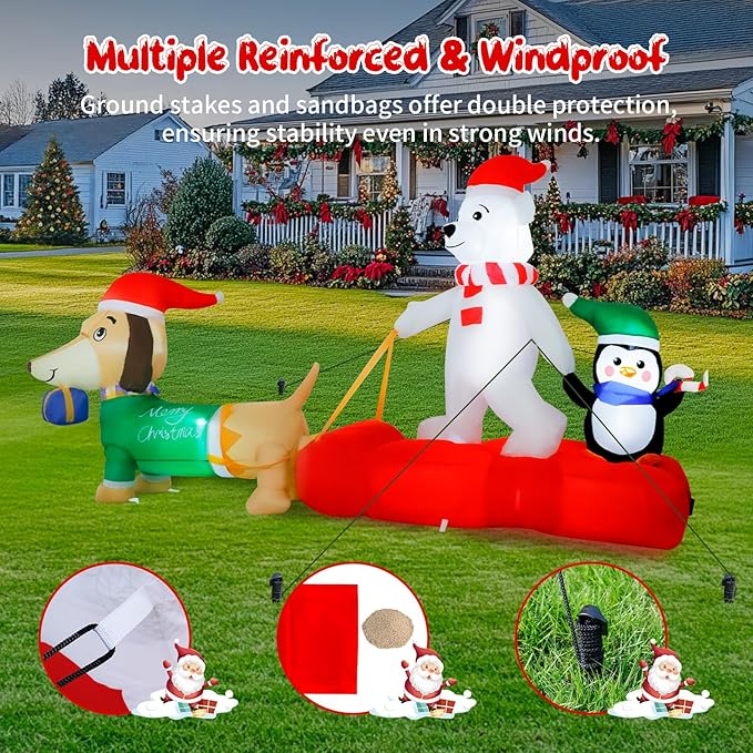 8FT Christmas Inflatable Outdoor Lighted Polar Bear & Penguins Carrying Dog Sleigh Decor, Sleigh-Riding Bear with a Candy Cane-Holding Penguin Yard Decor for Xmas Holiday, for Him, Her