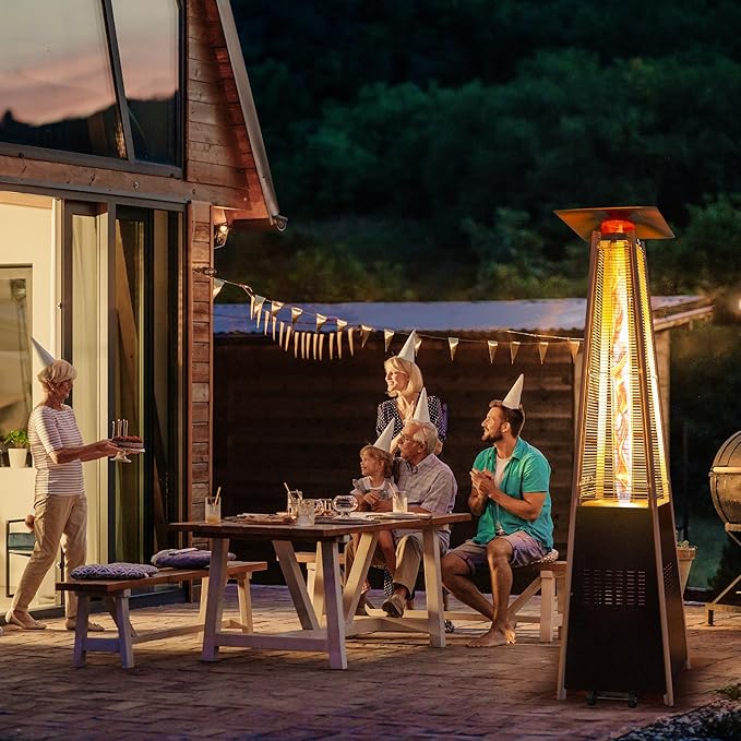 48,000 BTU Flame Pyramid Pool Heater With Cover, Triple Safety Protection with Patio Cover, Warm Glass Tube Portable Heater with Durable Wheels - Gray
